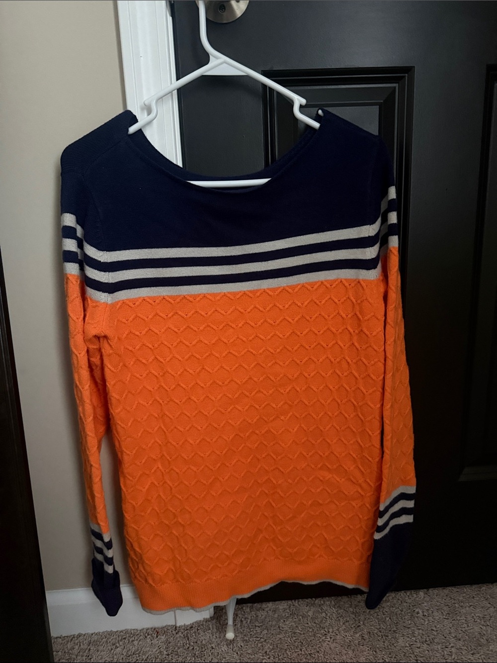 Women’s Orange and Navy Stripe Sweater - Unbranded